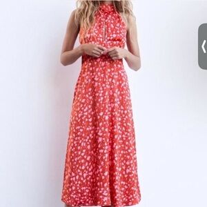 Zara Red Floral Midi Dress with Long Neck Tie